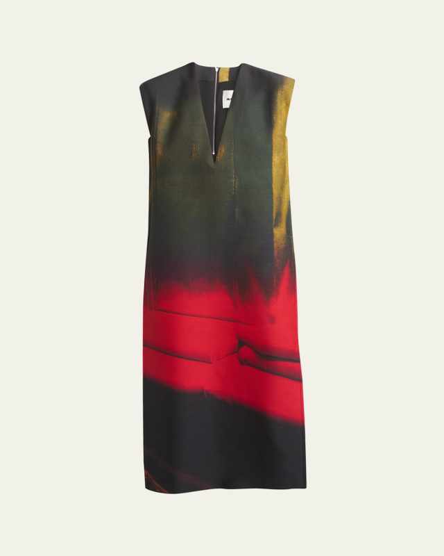 Abstract Deep V-Neck Sleeveless Midi Wool Dress